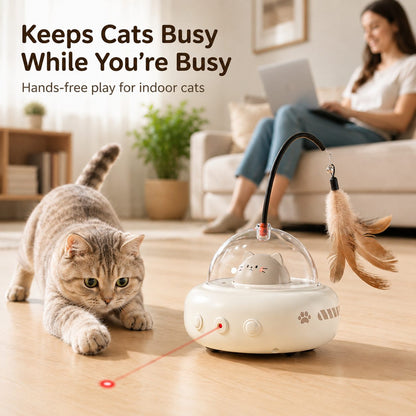 Ortekor Automatic UFO Cat Toy for Indoor Cats - Red Dot Laser, Feather Teaser & Catnip Ball for Bored Cats While You're Busy