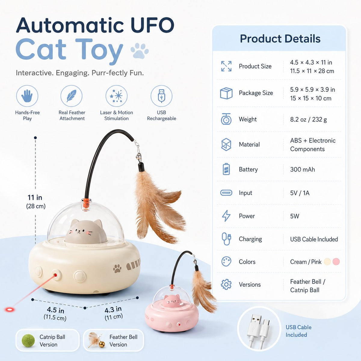 Ortekor Automatic UFO Cat Toy for Indoor Cats - Red Dot Laser, Feather Teaser & Catnip Ball for Bored Cats While You're Busy