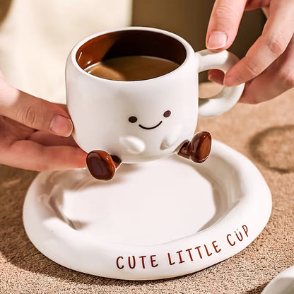Ceramic Mug and Saucer Set 8.5 oz White with Hand-Painted Smile for Coffee Tea Latte Hot Chocolate Kitchen Gift for Coffee Lovers