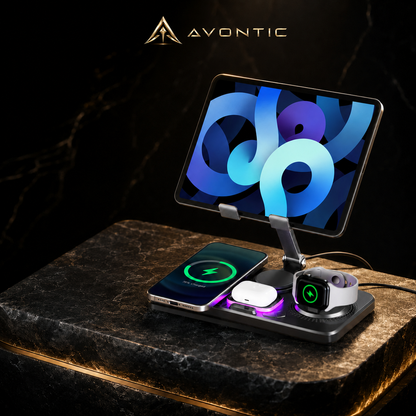 Multi-Device Wireless Charging Station with Adjustable Tablet Holder for Phones, Watches & Earbuds