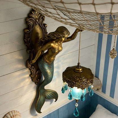 Sculptural Mermaid Sconce with Hanging Crystal Drops and Glass Shade for Bedrooms, Living Rooms & Hallways