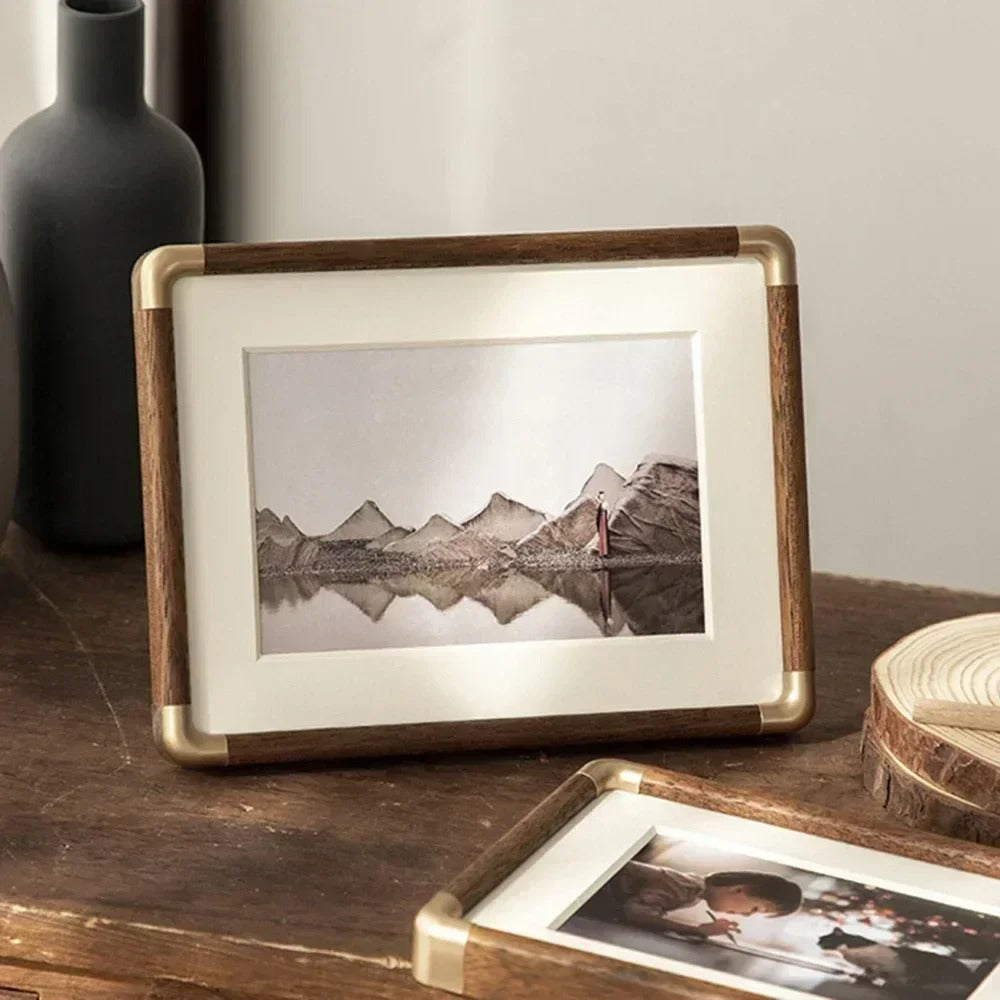 Tabletop Picture Frame with Brass Corner Accents – Real Wood Photo Display for Desk, Shelf & Nightstand – Classic Farmhouse Home Decor