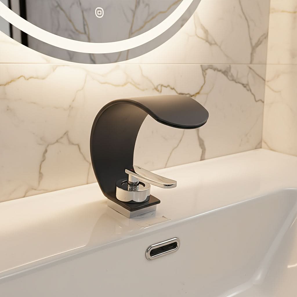 Curved Waterfall Bathroom Sink Faucet with Mirror Finish – Single Handle Hot & Cold Mixer Tap for Modern Vanity & Basin – Polished