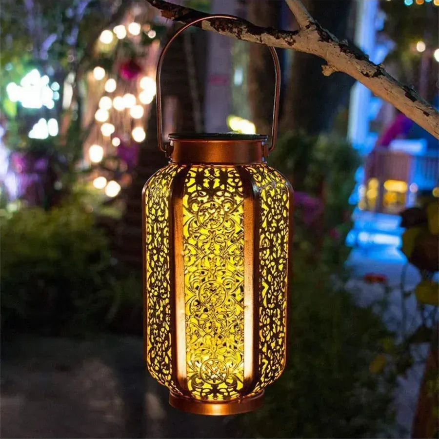Sun-Charged Metal Garden Lantern with Cutout Moroccan Design for Porch, Deck & Yard Lighting