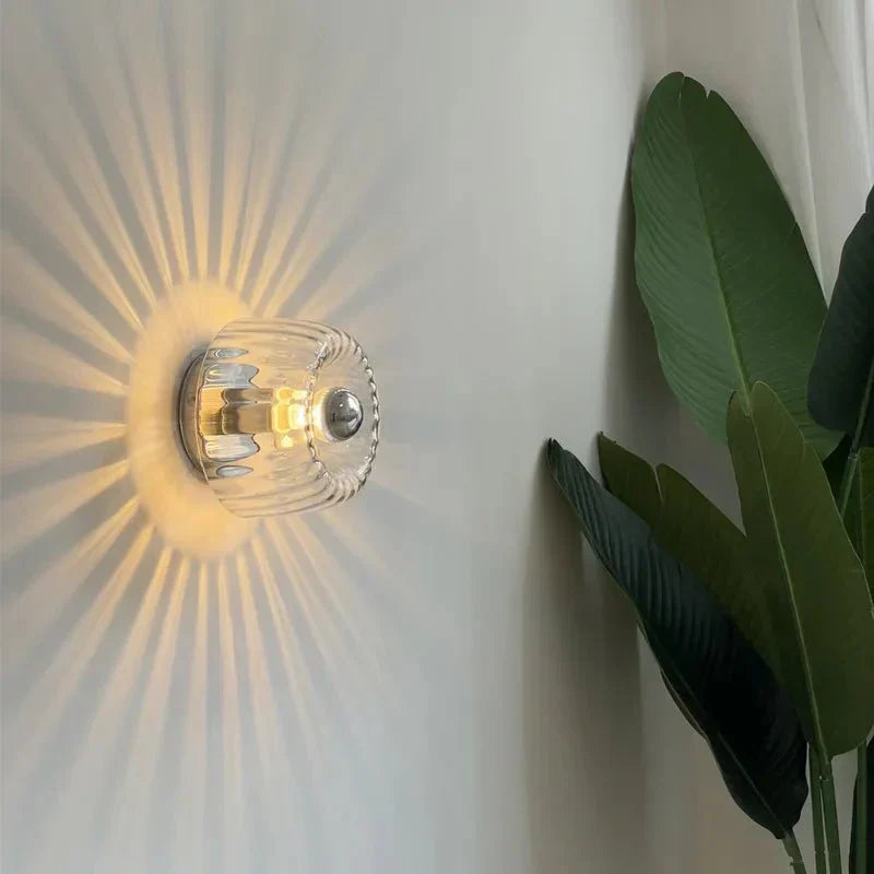 Fluted Glass Sconce E14 Socket Clear Shade Metal Frame Bedside Hallway Uplight Modern Minimalist Ambient Fixture for Bedroom Entry Living Sp