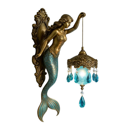 Sculptural Mermaid Sconce with Hanging Crystal Drops and Glass Shade for Bedrooms, Living Rooms & Hallways