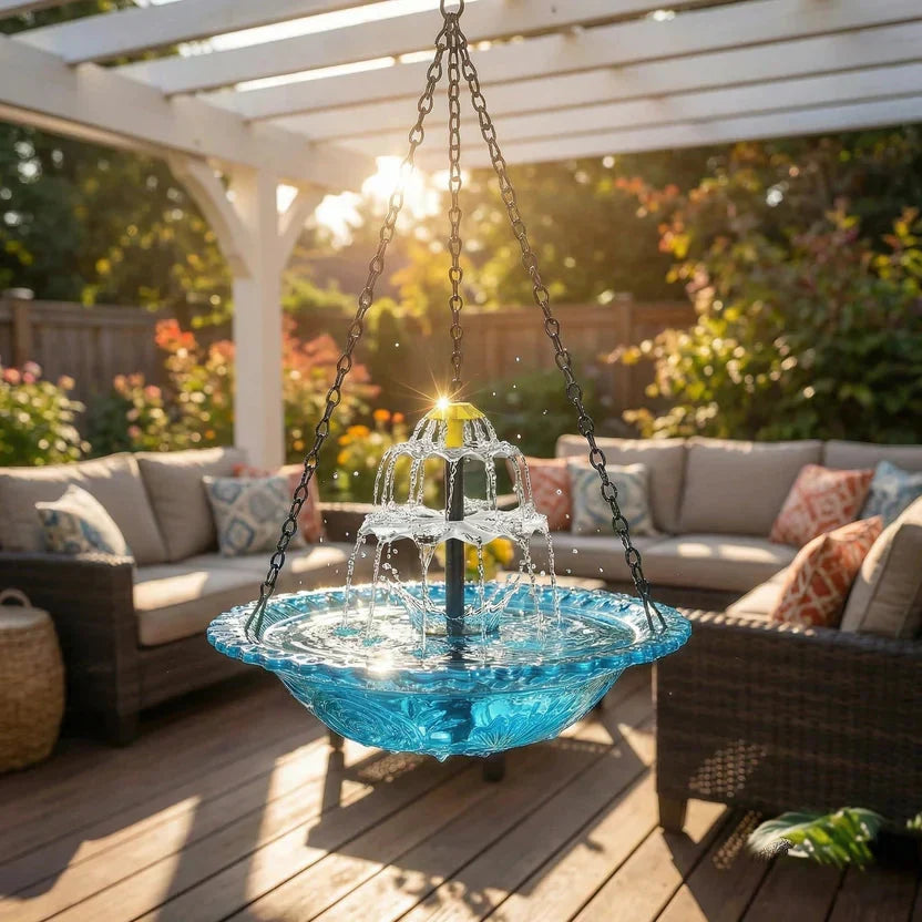 Hanging Solar Bird Bath Fountain Two-Tier Cordless Water Feature for Backyard Patio Deck Garden Outdoor Decor