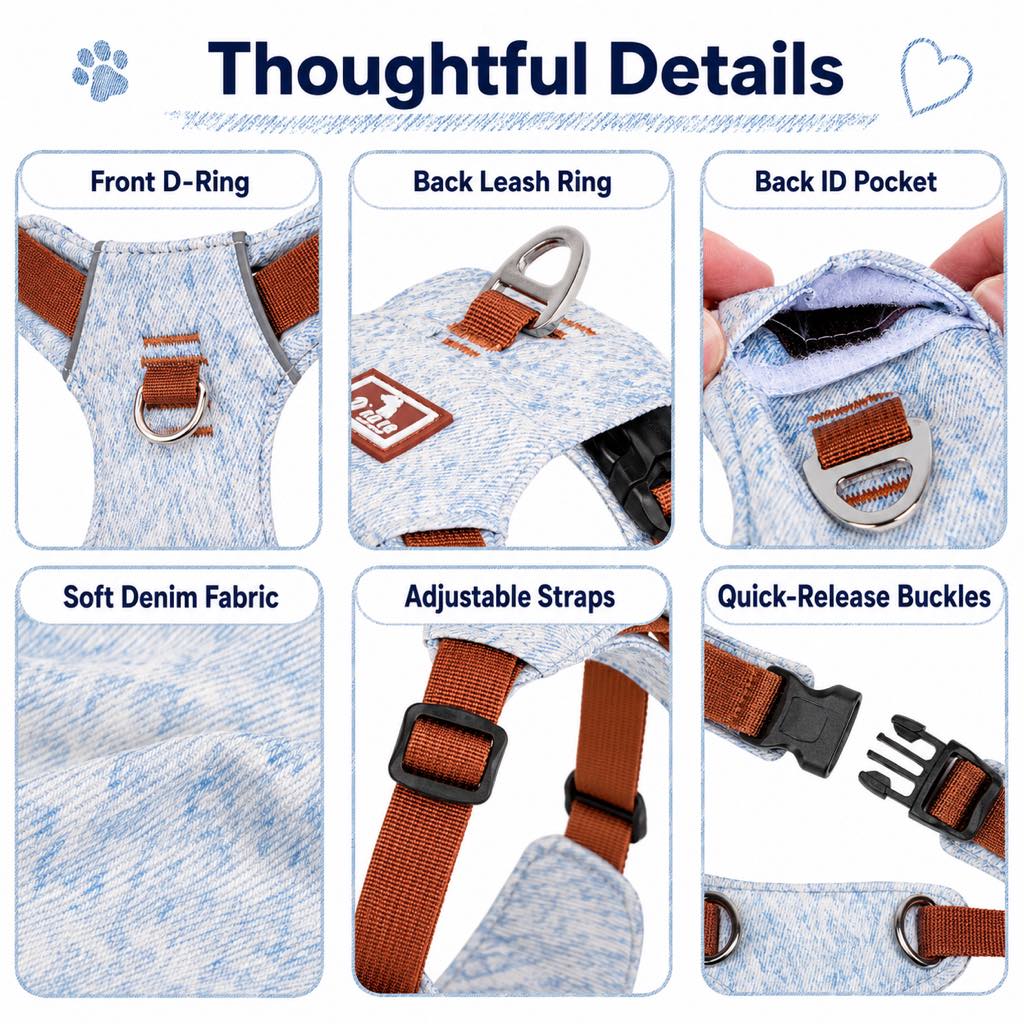 Ortekor Vintage Denim No-Pull Dog Harness &5 ft Rope Leash Set - Soft Adjustable Vest for Everyday Walks, Better Control & Low-Light Visibility