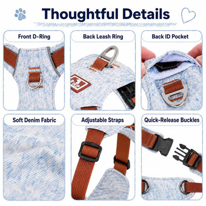 Ortekor Vintage Denim No-Pull Dog Harness &5 ft Rope Leash Set - Soft Adjustable Vest for Everyday Walks, Better Control & Low-Light Visibility