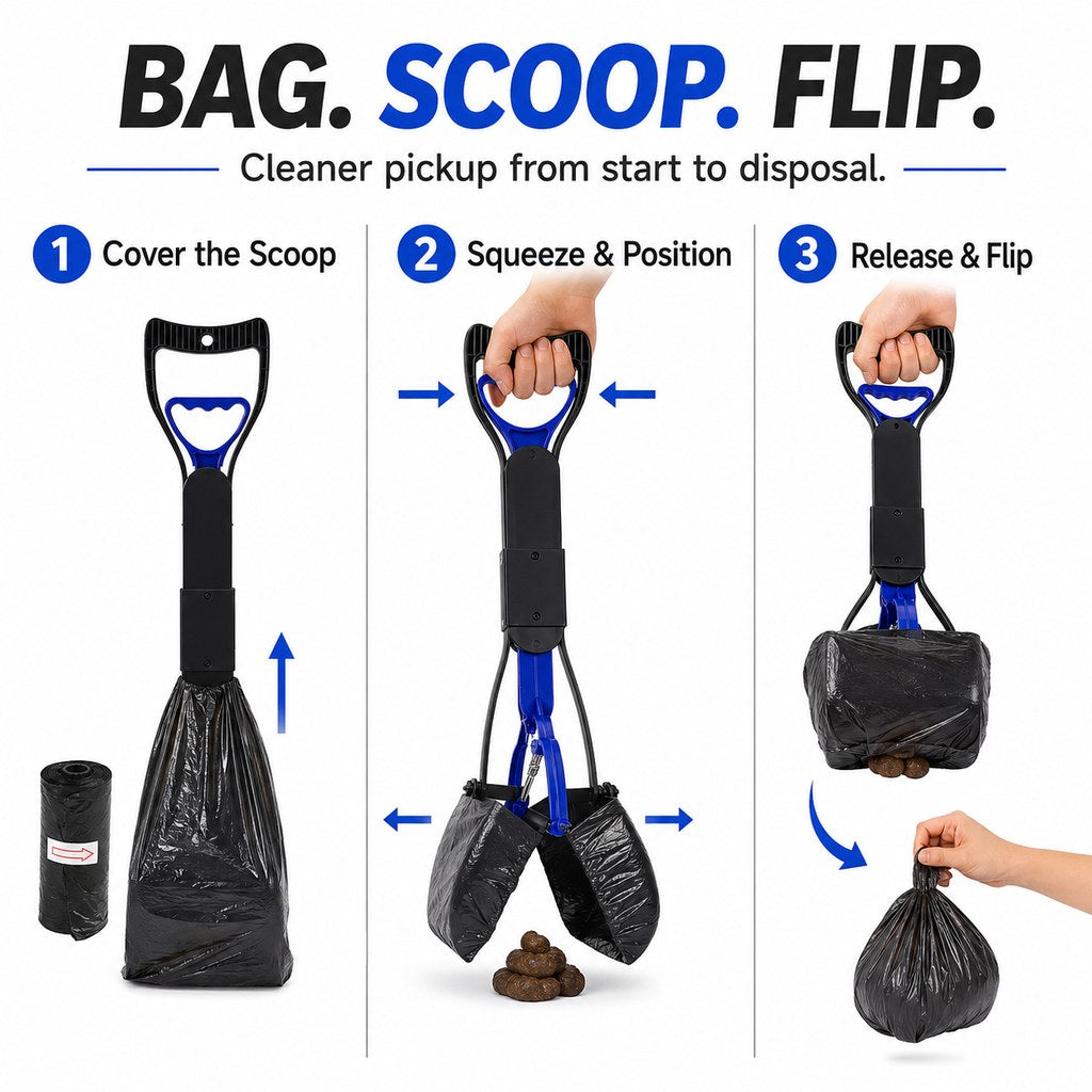 Ortekor Foldable Long-Handle Dog Pooper Scooper for Yard & Walks - One-Hand Bag-Lined Pickup