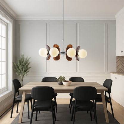 Geometric Modern Chandelier with Frosted Glass Globes – 5 or 8 Light Iron Frame Fixture for Dining Room & Living Space