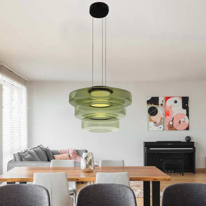 Modern Tiered Glass Ceiling Fixture – Iron & Glass Hanging Light for Kitchen Island, Dining Room & Living Space – Adjustable Multi-Layer