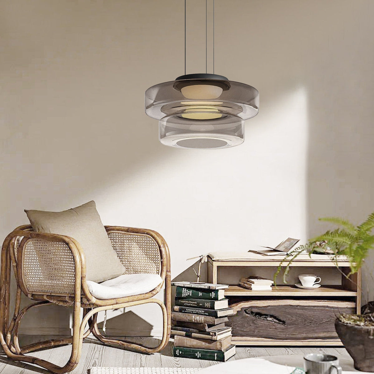 Modern Tiered Glass Ceiling Fixture – Iron & Glass Hanging Light for Kitchen Island, Dining Room & Living Space – Adjustable Multi-Layer
