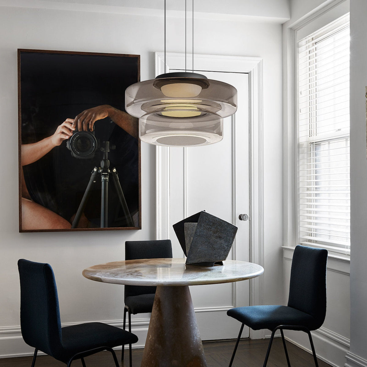 Modern Tiered Glass Ceiling Fixture – Iron & Glass Hanging Light for Kitchen Island, Dining Room & Living Space – Adjustable Multi-Layer