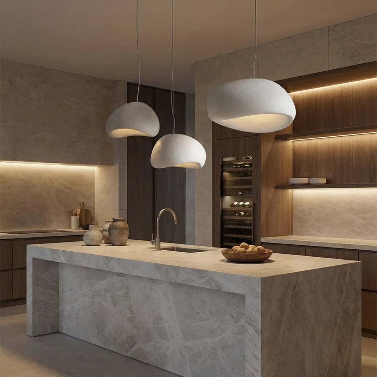 Stone-Look Dome Pendant Light Fixture in White & Gray – Organic Textured Ceiling Light for Kitchen Island Dining Room Bedroom – Modern Scand