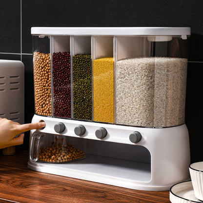 5-Section Dry Food Dispenser with Press Buttons & Sealed Flip Lid for Rice Pasta Beans Cereal Snacks Kitchen Pantry Counter Cabinet