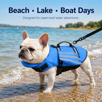 Ortekor French Bulldog Pool & Beach Reflective Angel-Wing Dog Life Jacket - Chin Float Support for Flat-Faced Dogs