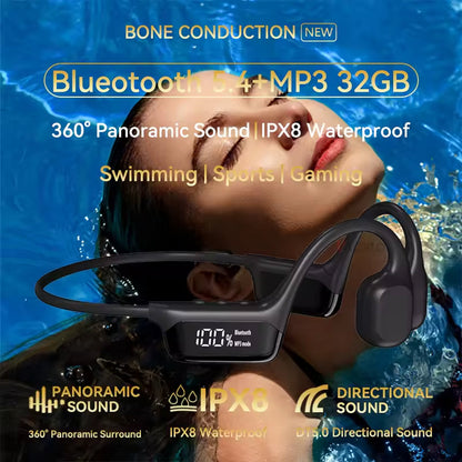 Waterproof Bone Conduction Swimming Headphones 32GB Storage IPX8 Rated for Pool Diving Ocean Sports Bluetooth 5.4 Open-Ear Audio