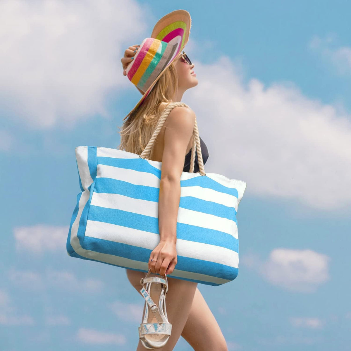 Large Mesh Carryall Bag with Zippered Closure for Pool Days and Coastal Getaways – Holds Towels, Sunscreen & Gear for Travel, Gym, Yoga, Pic