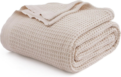 Pure Cotton Thermal Blanket – Queen 90×90 in – Textured Weave Layer for All Seasons – Lightweight & Breathable Throw for Bed or Sofa
