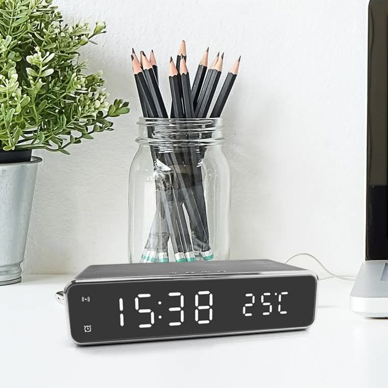 Nightstand Alarm Clock with Qi Wireless Charging Pad – Jumbo LED Display for Bedroom – Sleek Design for Desk or Bedside