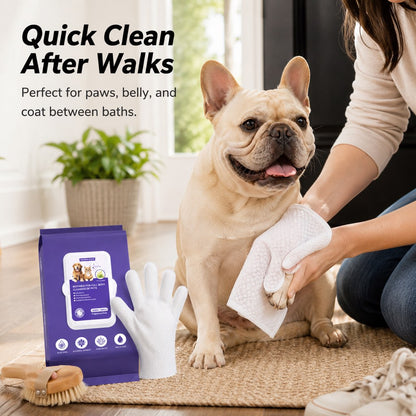 Ortekor Frenchie Daily Grooming Kit for After-Walk & Between-Bath Care - Boar Bristle Brush + Rinse-Free Cleaning Gloves