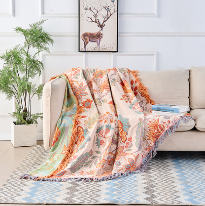 Ravelle Boho Blanket - 100% Cotton, Floral Design with Fringe