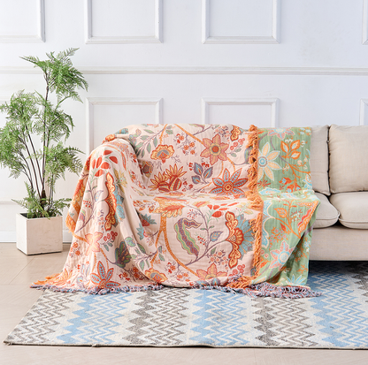 Cotton Throw Blanket with Fringe Tassels Floral Pattern Orange Blue Cream Bohemian Style Couch Sofa Bed Home Decor for Living Room Bedroom
