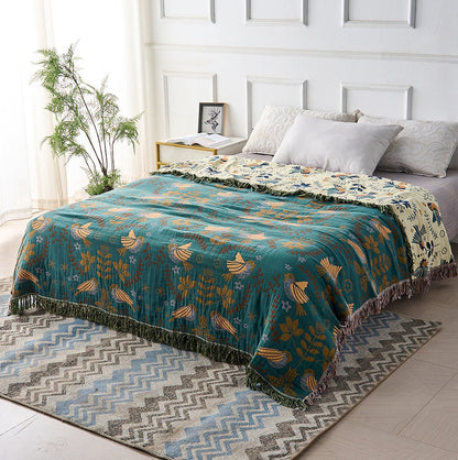 Cotton Throw Blanket Double-Sided Bird & Floral Design 100% Natural Fiber for Couch Bed Sofa Living Room Bedroom Decor Fringe Accents