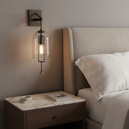 Elongated Glass Bell Sconce with Suspended Copper Frame 23 in Tall for Bedrooms Hallways Living Rooms Modern Vertical Wall Lighting Fixture