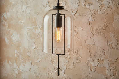 Elongated Glass Bell Sconce with Suspended Copper Frame 23 in Tall for Bedrooms Hallways Living Rooms Modern Vertical Wall Lighting Fixture