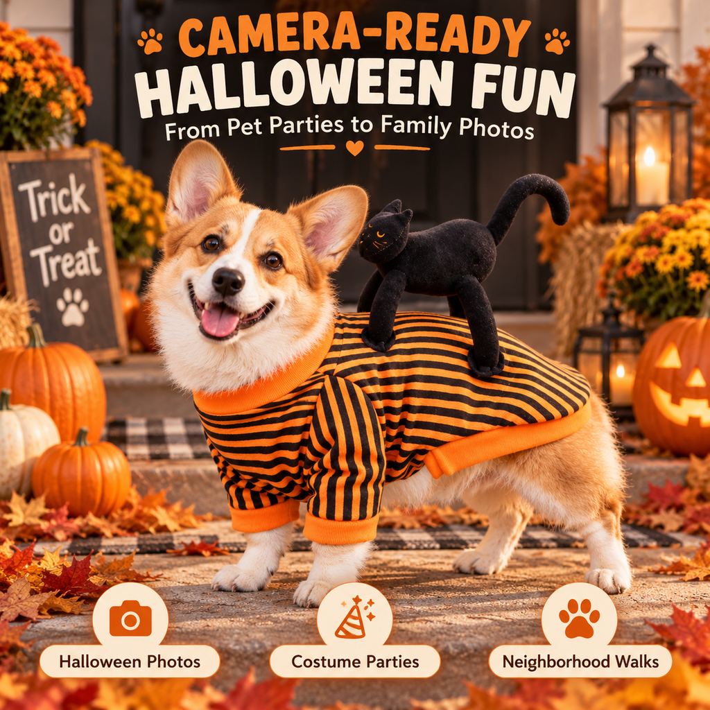 Ortekor Black Cat Rider Halloween Pet Costume - Funny 3D Dog & Cat Outfit for Trick-or-Treating, Parties & Photos with Easy-Movement Design