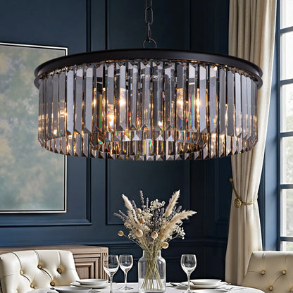Smoky Gray K9 Crystal Chandelier Round Canopy Pendant for Dining Room Living Room Kitchen Modern Hanging Fixture E12 Bulb Adjustable Chain