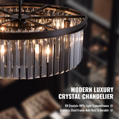 Smoky Gray K9 Crystal Chandelier Round Canopy Pendant for Dining Room Living Room Kitchen Modern Hanging Fixture E12 Bulb Adjustable Chain