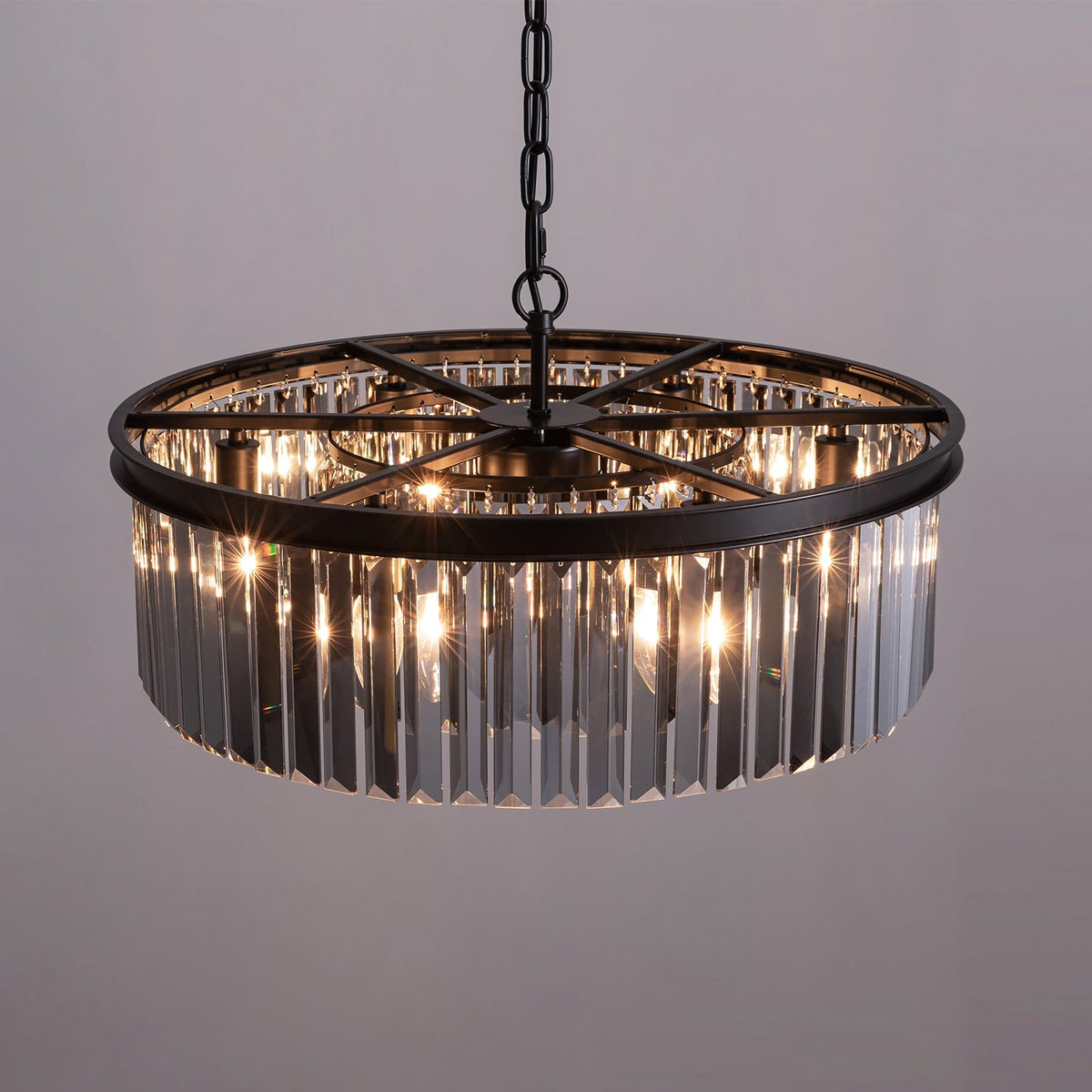 Smoky Gray K9 Crystal Chandelier Round Canopy Pendant for Dining Room Living Room Kitchen Modern Hanging Fixture E12 Bulb Adjustable Chain