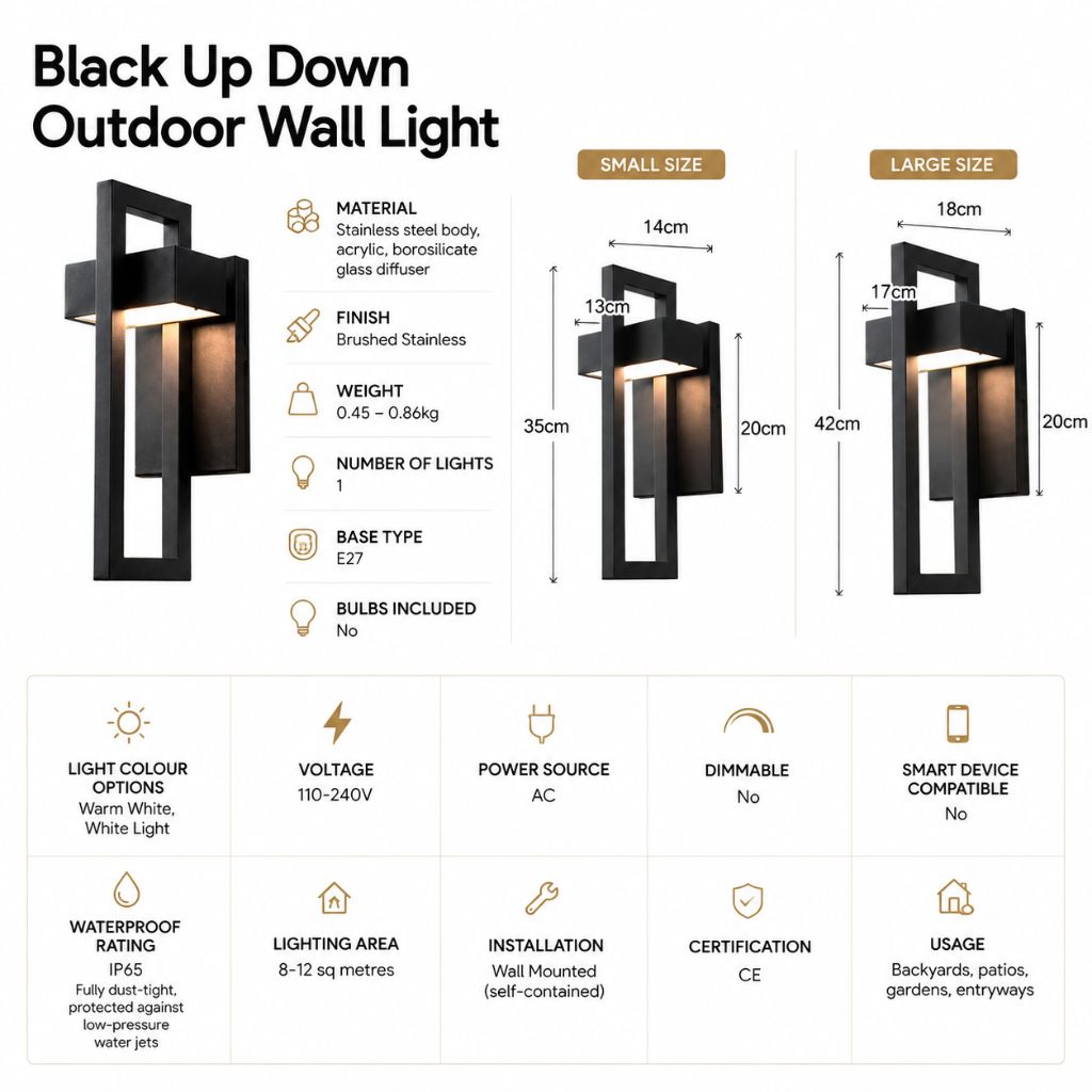 Outdoor Wall Sconce Dual-Beam Light Fixture Black Stainless Steel Weatherproof IP65 Up Down Accent Lighting for Patio Garden Entryway