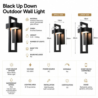 Outdoor Wall Sconce Dual-Beam Light Fixture Black Stainless Steel Weatherproof IP65 Up Down Accent Lighting for Patio Garden Entryway