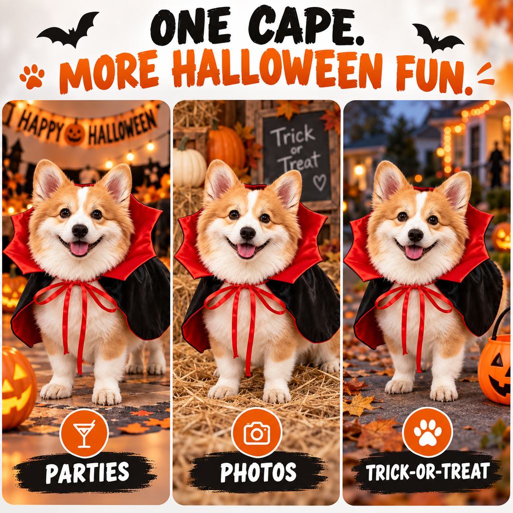 Ortekor Halloween Vampire Dog Cape Costume - Lightweight Black & Red Pet Cloak for Parties, Photos & Easy Dress-Up