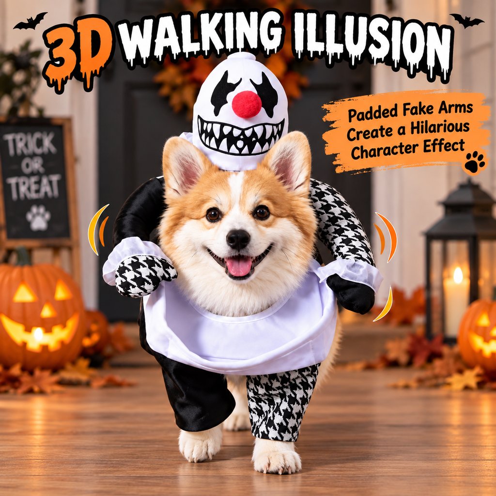 Ortekor Creepy Clown Dog Costume with Fake Arms - Halloween Trick-or-Treat Outfit for a Standout 3D Walking Look