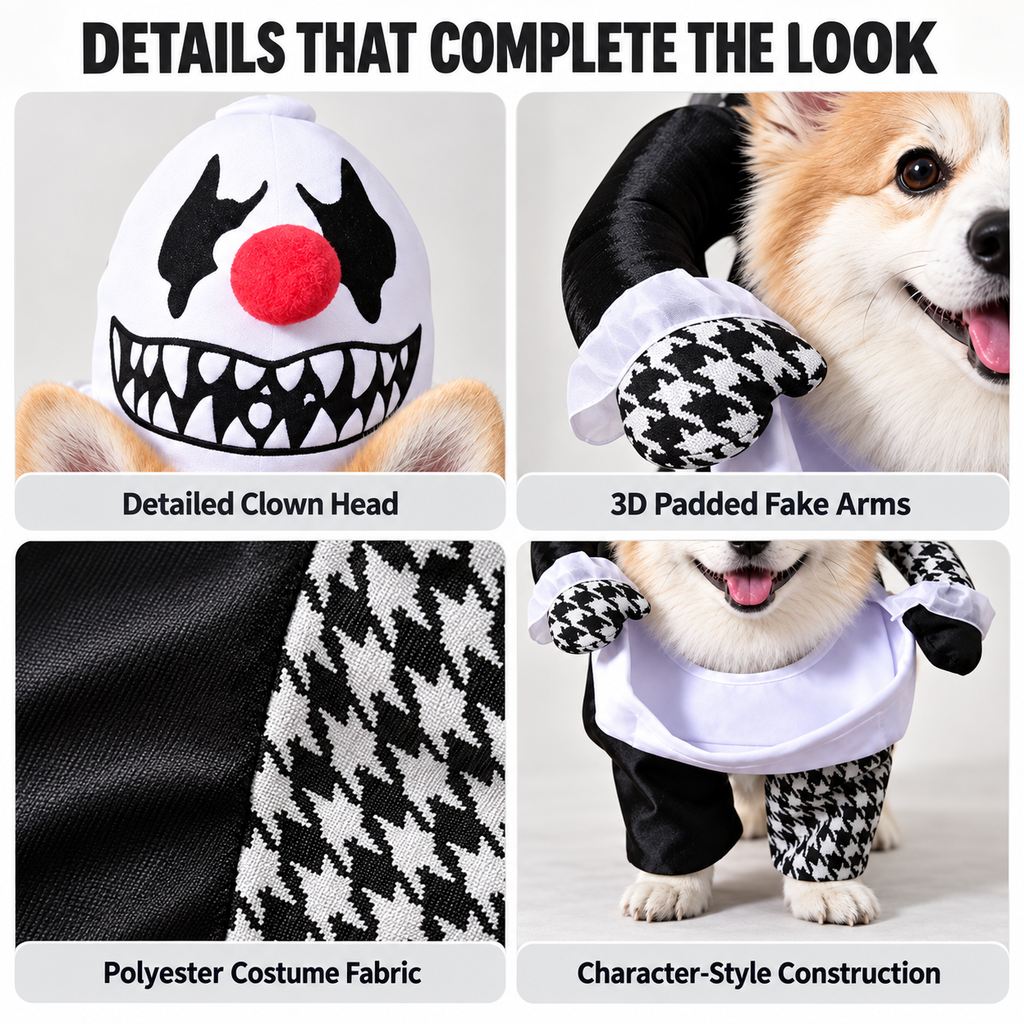 Ortekor Creepy Clown Dog Costume with Fake Arms - Halloween Trick-or-Treat Outfit for a Standout 3D Walking Look