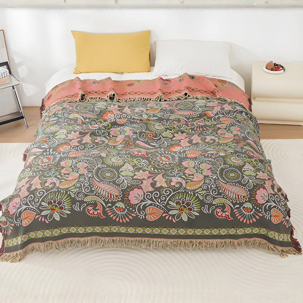 Cotton Gauze Throw with Tassel Trim – Reversible Floral Lightweight Blanket for Couch Sofa Bed – Breathable All-Season Layer