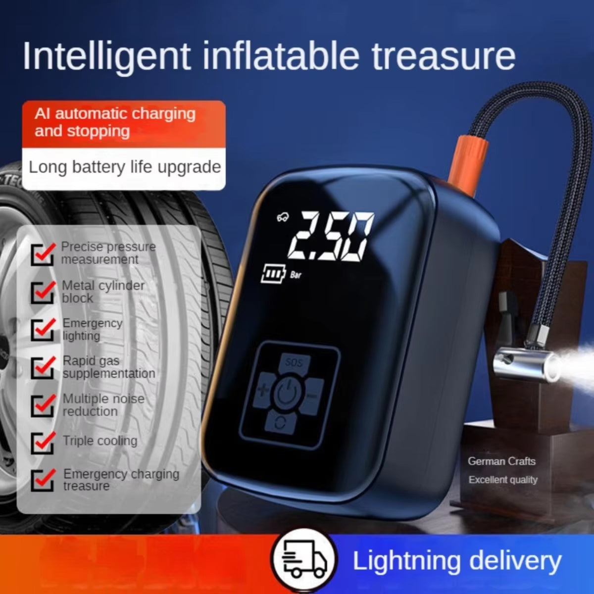 Portable Battery Air Compressor with Auto Shutoff & LED Light for Cars, Bikes, Sports Equipment