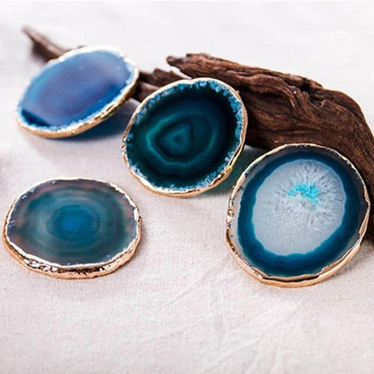 Natural Stone Drink Coasters Gold Rim Blue Geode Slice 3.5 Inch Set Decorative Protection for Coffee Table Kitchen Dining Room Home