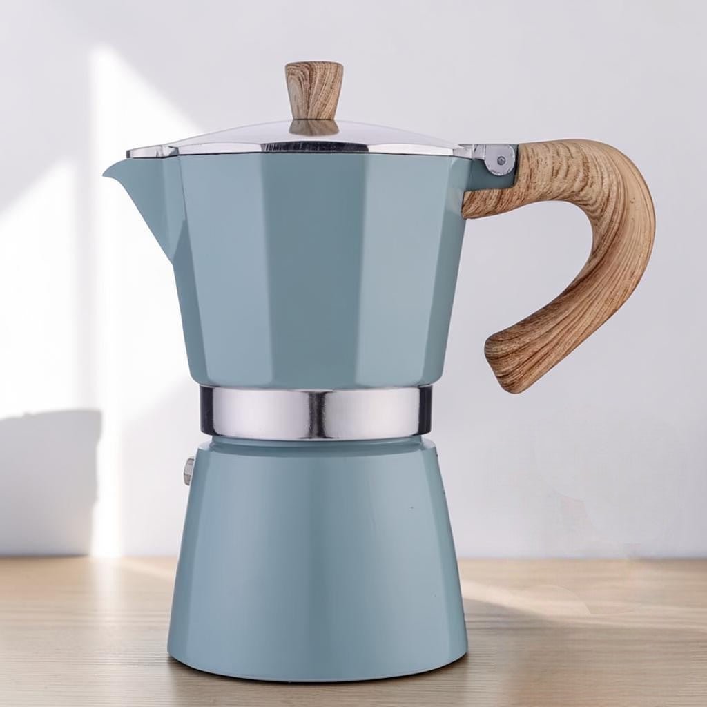 Stovetop Espresso Maker in Azure – Food-Safe Aluminum 3 or 6 Cup Moka Coffee Pot for Gas Electric Induction Stove Kitchen Brewer