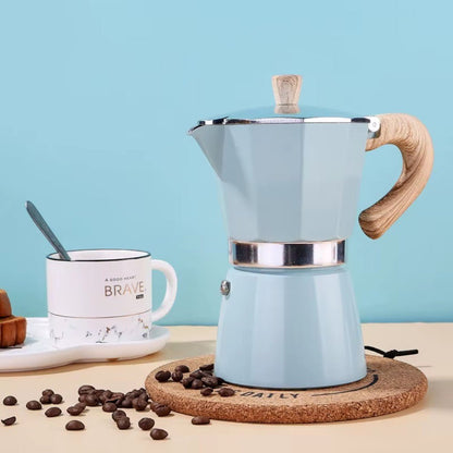 Stovetop Espresso Maker in Azure – Food-Safe Aluminum 3 or 6 Cup Moka Coffee Pot for Gas Electric Induction Stove Kitchen Brewer