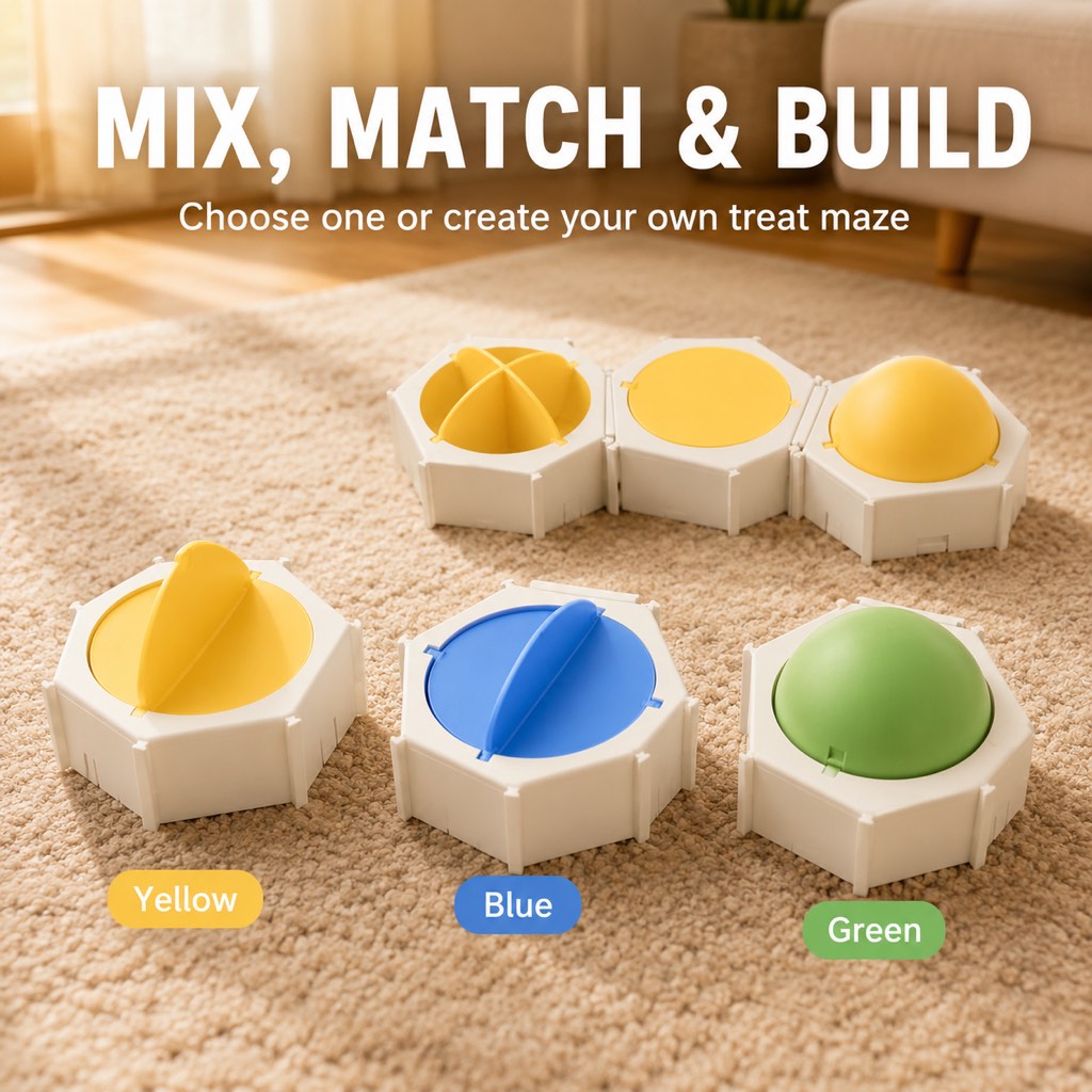 Ortekor Modular Cat Puzzle Feeder Toy for Indoor Treat Time - Hexagon Slow Feeder Enrichment Game to Keep Bored Cats Busy