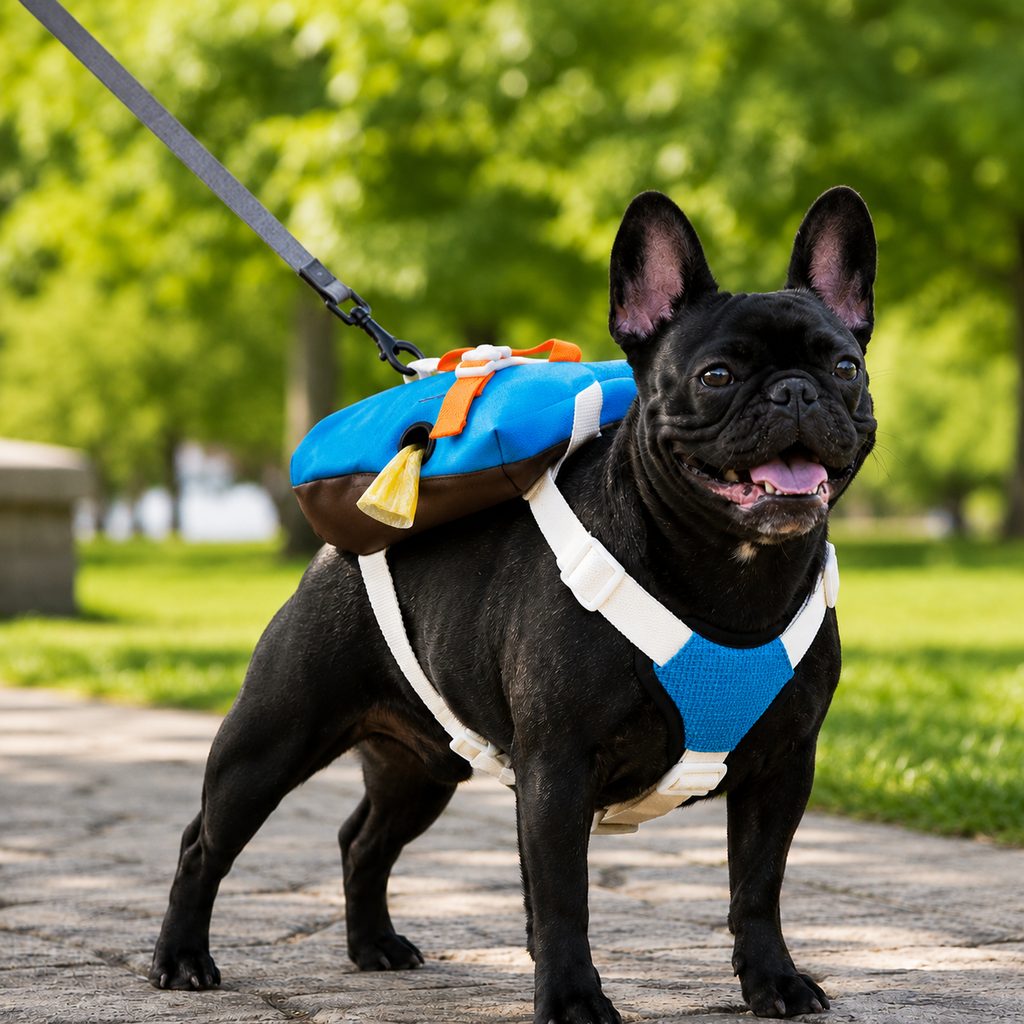Ortekor Frenchie Adventure Backpack Harness for Daily Walks - Carry Poop Bags, Treats & Keys Without Neck Pulling