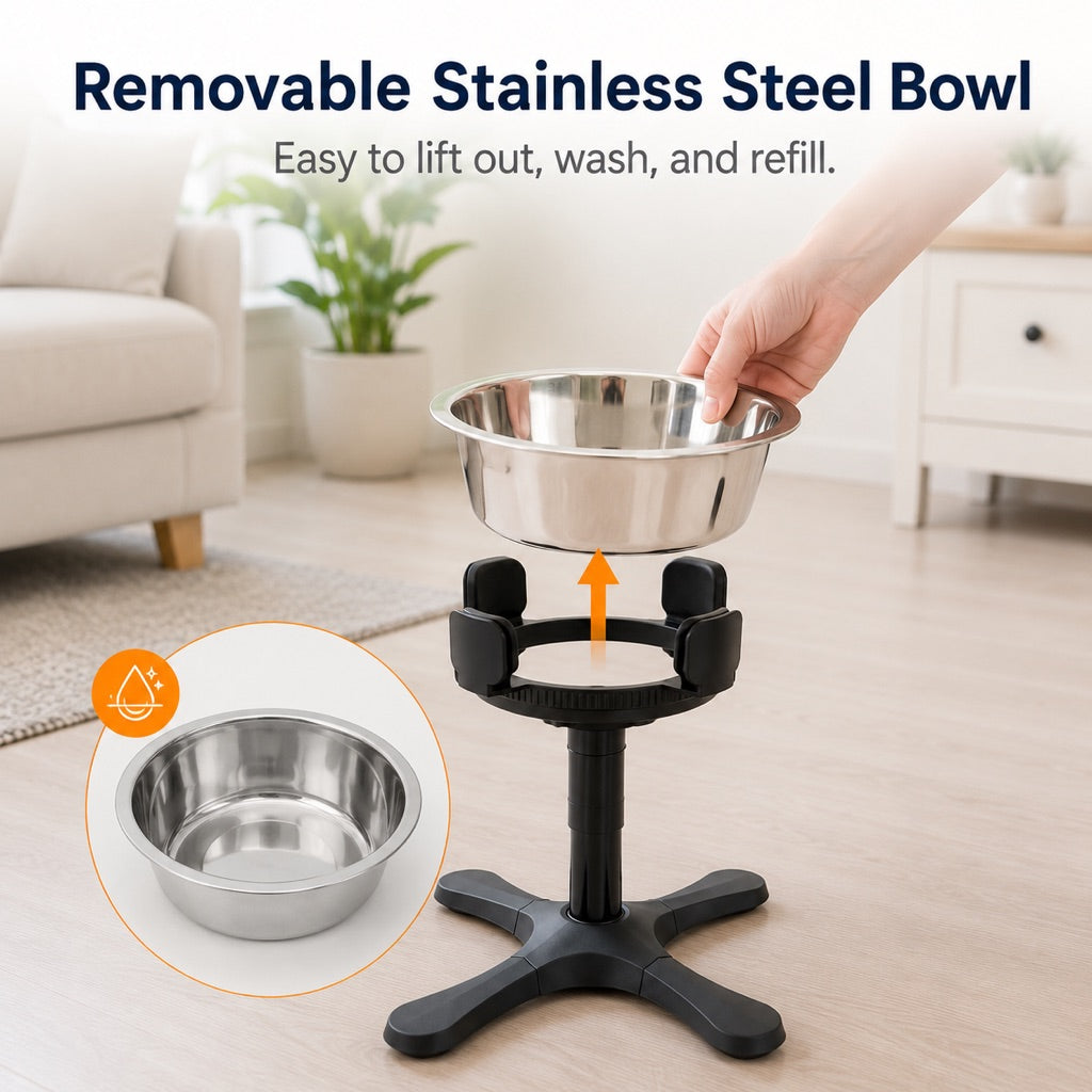 Ortekor French Bulldog Adjustable Elevated Tilted Dog Bowl for Kitchen Feeding Corners - 3-Height Stand with Slow Feeder Insert to Reduce Neck Bending & Mess