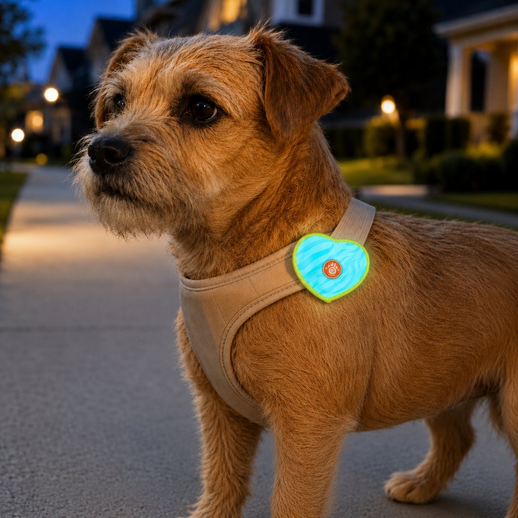 Ortekor Rechargeable Heart Pet Visibility Light for Evening Walks - Soft Wrap-On LED Patch for Collars, Harnesses & Leashes