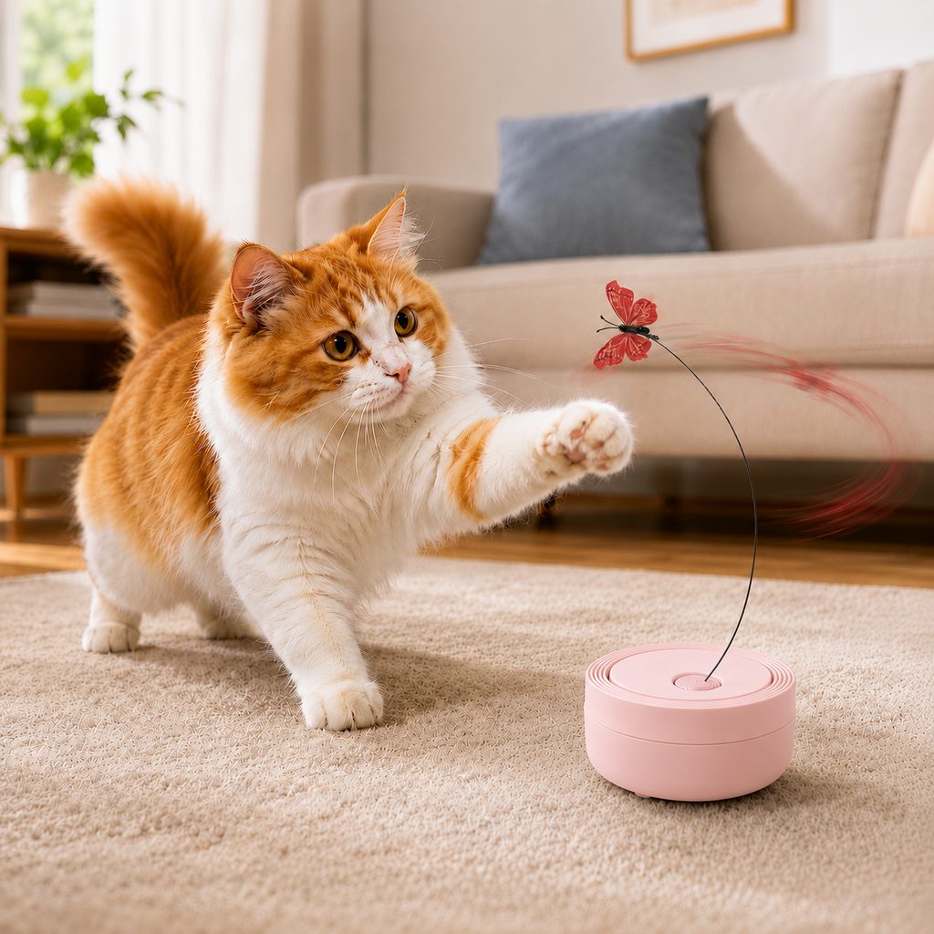 Ortekor FlutterFly 360 Automatic Butterfly Cat Toy for Indoor Cats - Hands-Free Self-Play Teaser to Beat Boredom